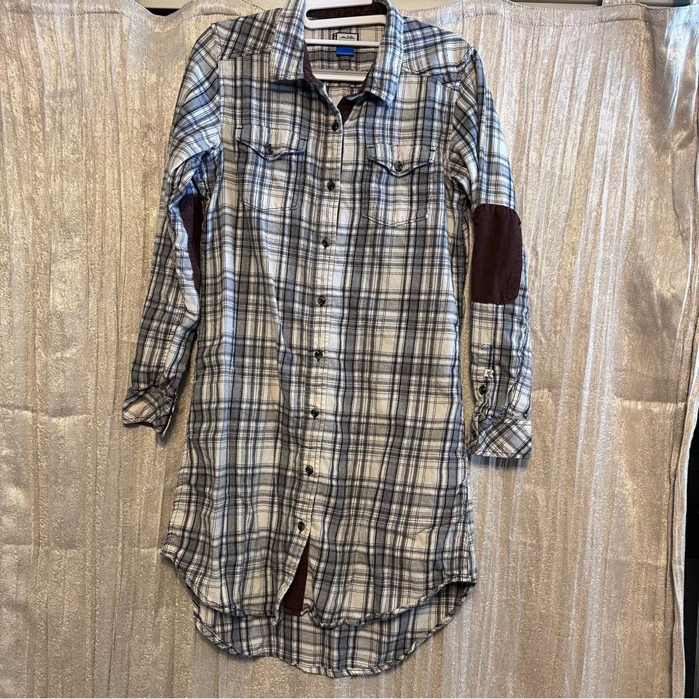 Kavu Jurnee Plaid Button Down Shirt Dress Tunic Brown Elbow Patches {small}